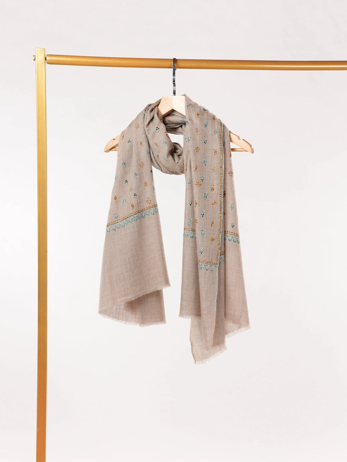 Sozni Buteh Embroidered Natural Beige Original Handwoven Pashmina Shawl