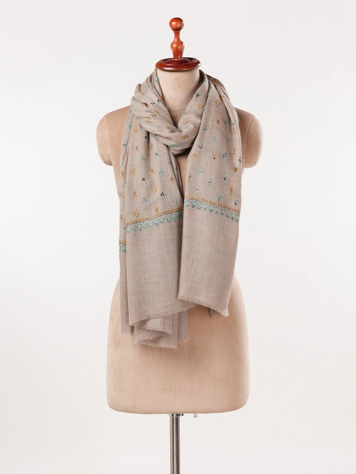 Sozni Buteh Embroidered Natural Beige Original Handwoven Pashmina Shawl