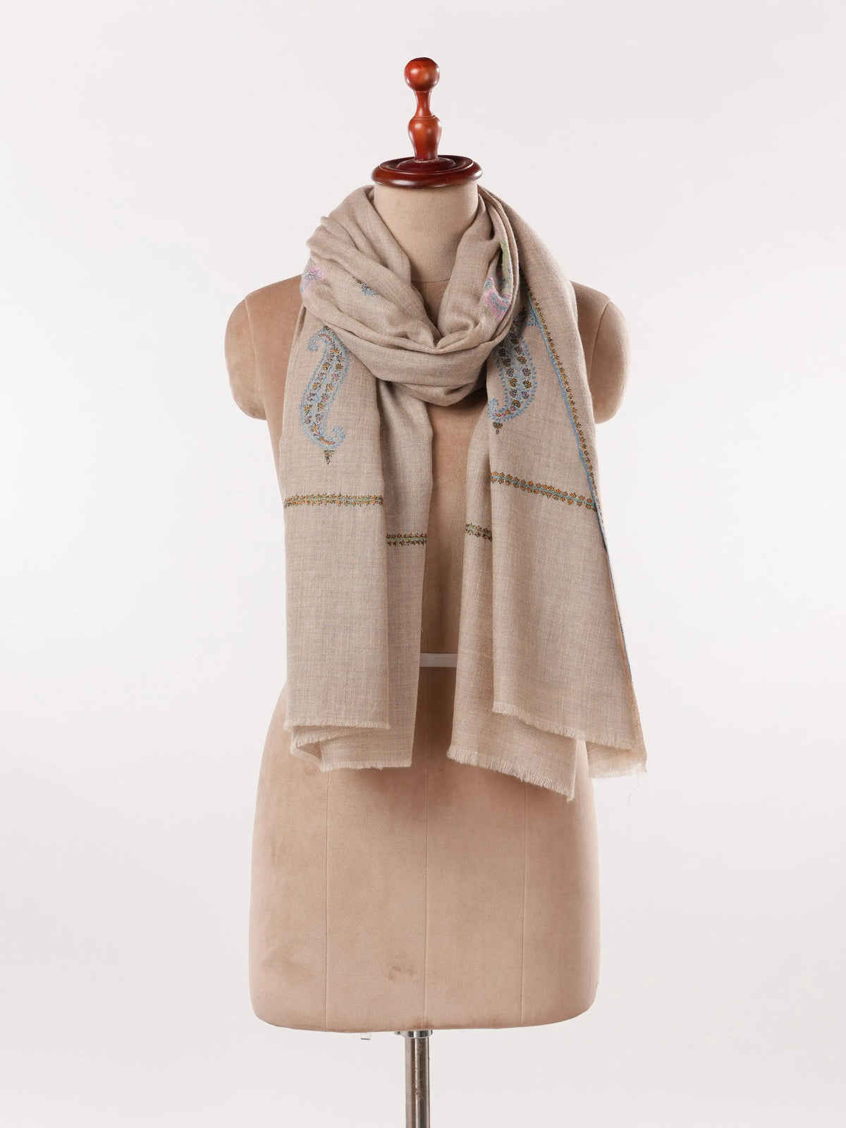 Beige Women's Kashmiri Soft Pashmina Shawl with Buteh Hand Sozni Embroidery Shahkaar.com