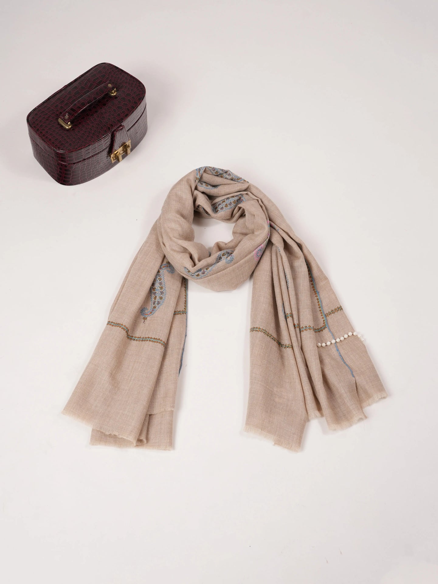Beige Women's Kashmiri Soft Pashmina Shawl with Buteh Hand Sozni Embroidery Shahkaar.com