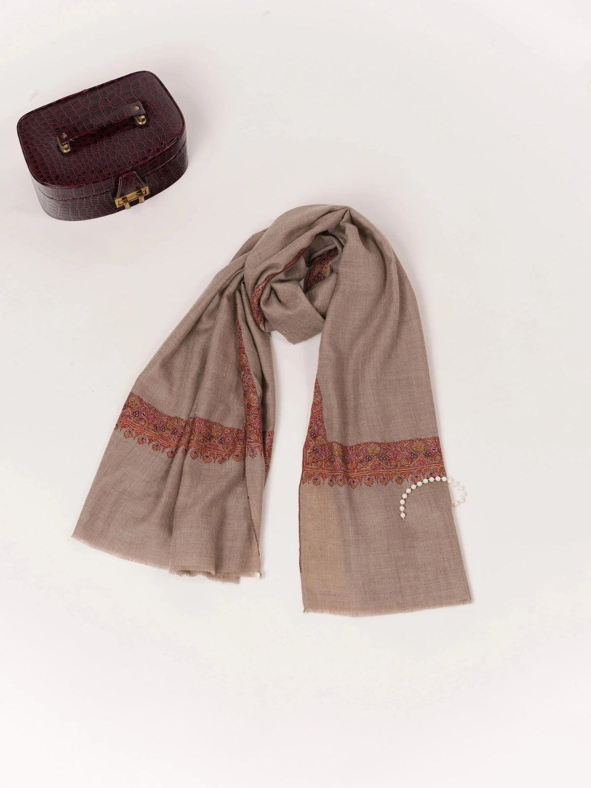 Neemdaur Natural Taupe Kashmiri Handwoven Pashmina Shawl with Hand Sozni Embroidery Shahkaar.com
