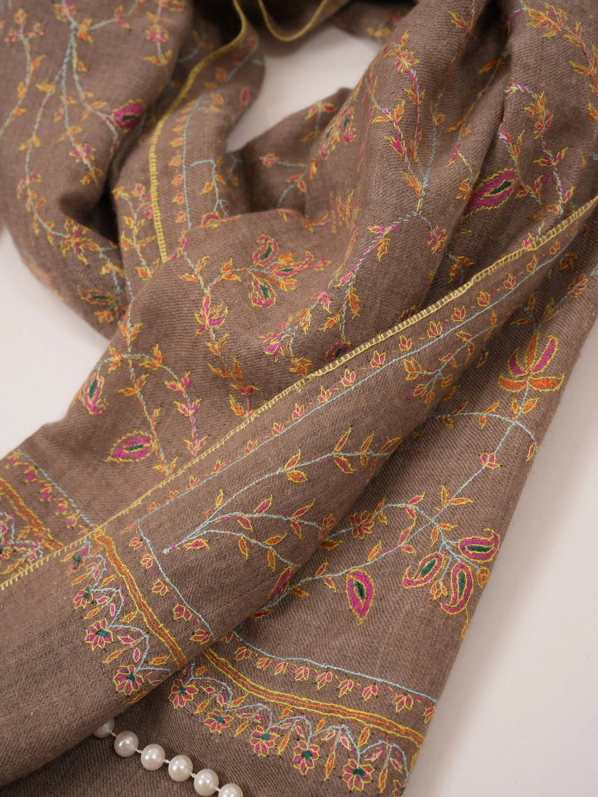 Hand Sozni Jali Embroidered Natural Taupe Handwoven Cashmere Scarf Shahkaar.com