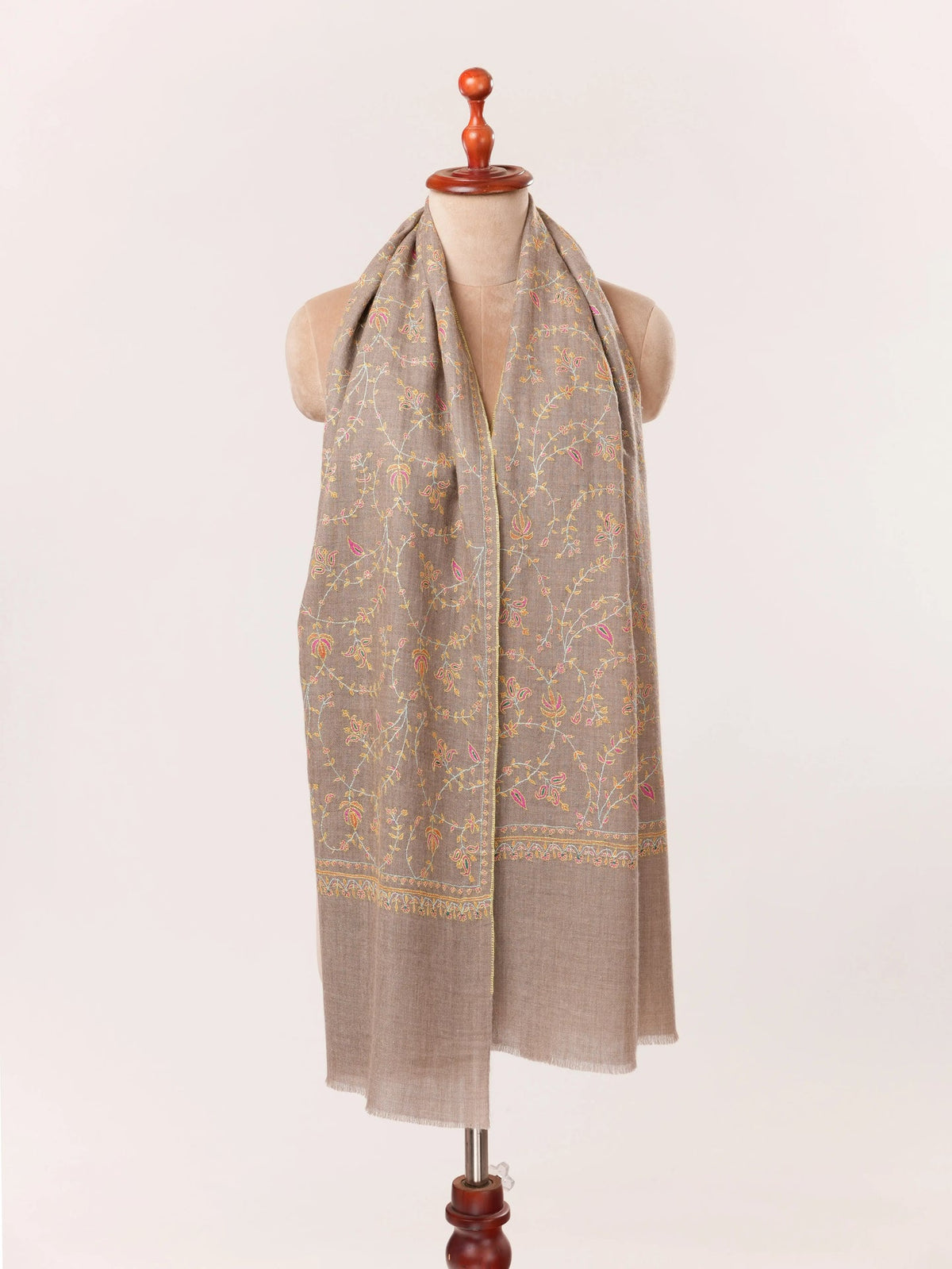 Hand Sozni Jali Embroidered Natural Taupe Handwoven Cashmere Scarf Shahkaar.com