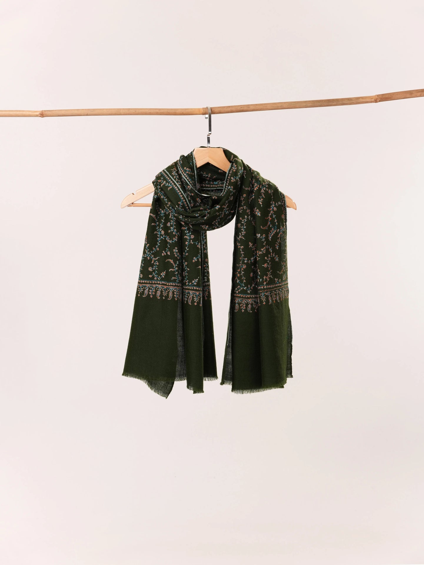 Sozni Jali Embroidery Dark Green Handwoven Kashmiri Cashmere Scarf Shahkaar.com