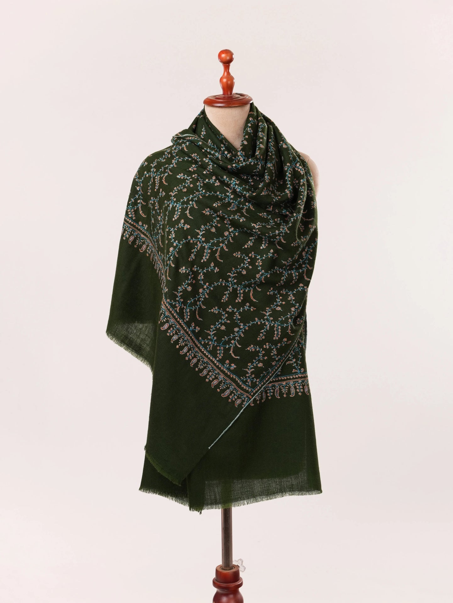 Sozni Jali Embroidery Dark Green Handwoven Kashmiri Cashmere Scarf Shahkaar.com