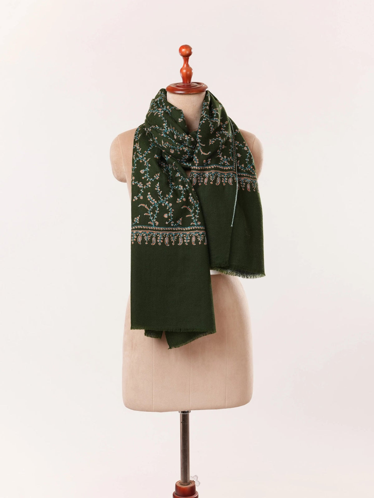 Sozni Jali Embroidery Dark Green Handwoven Kashmiri Cashmere Scarf Shahkaar.com