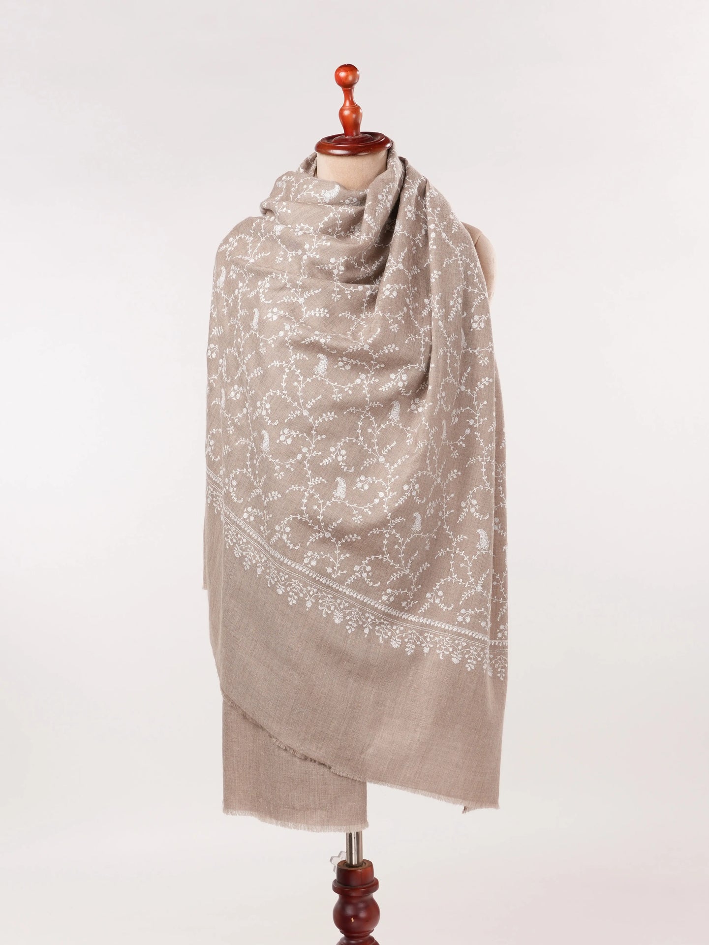 White Jali Hand Embroidered Natural Taupe Kashmiri Handwoven Pashmina Shawl Shahkaar.com