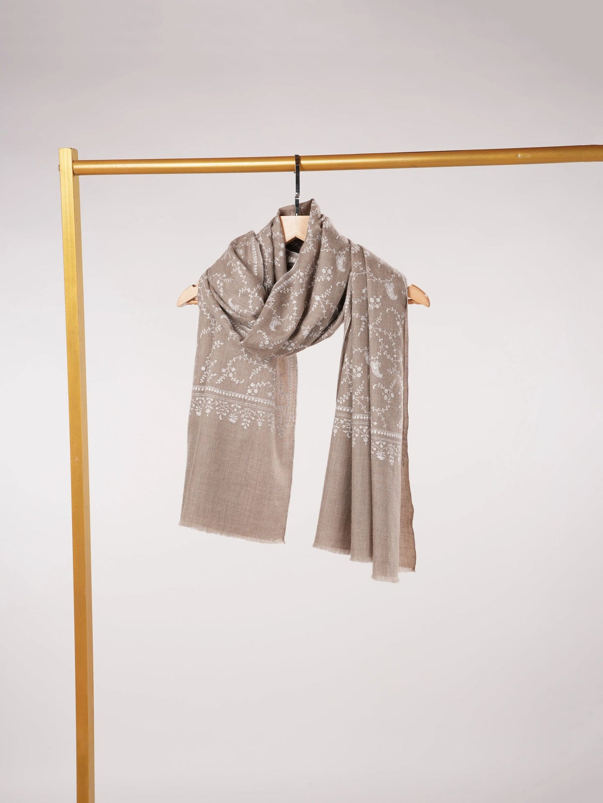 White Jali Hand Embroidered Natural Taupe Kashmiri Handwoven Pashmina Shawl Shahkaar.com
