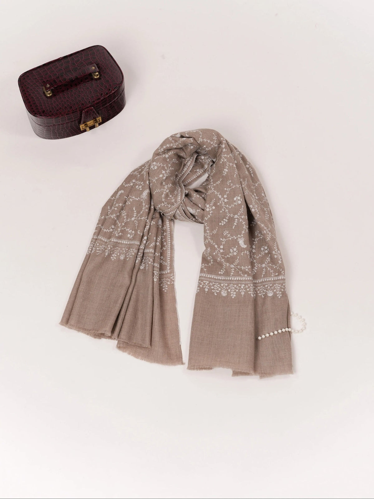 White Jali Hand Embroidered Natural Taupe Kashmiri Handwoven Pashmina Shawl Shahkaar.com