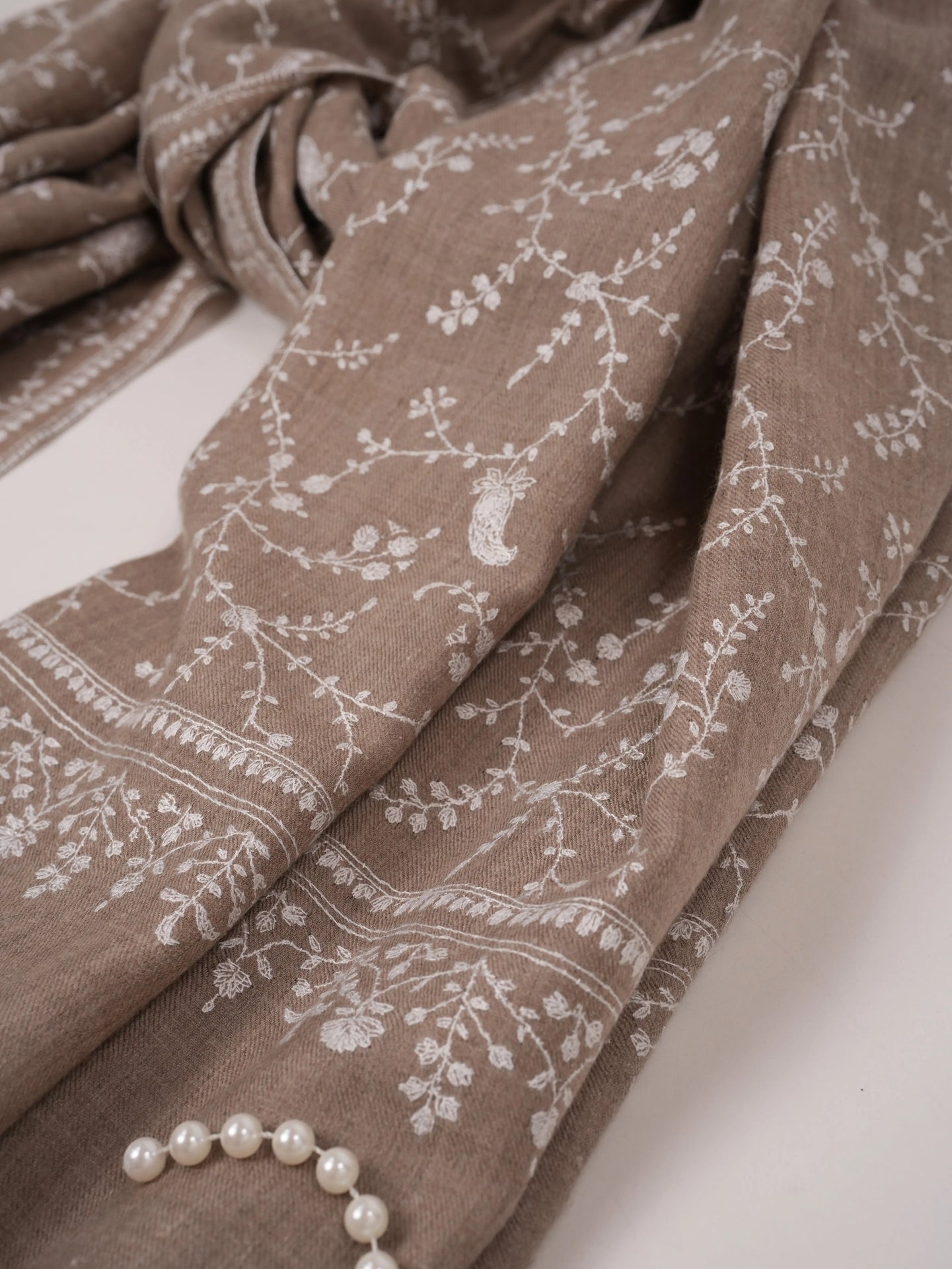 White Jali Hand Embroidered Natural Taupe Kashmiri Handwoven Pashmina Shawl Shahkaar.com