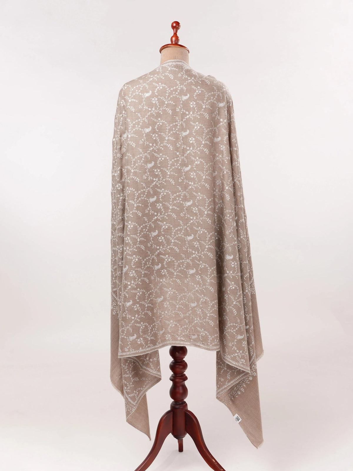 White Jali Hand Embroidered Natural Taupe Kashmiri Handwoven Pashmina Shawl Shahkaar.com