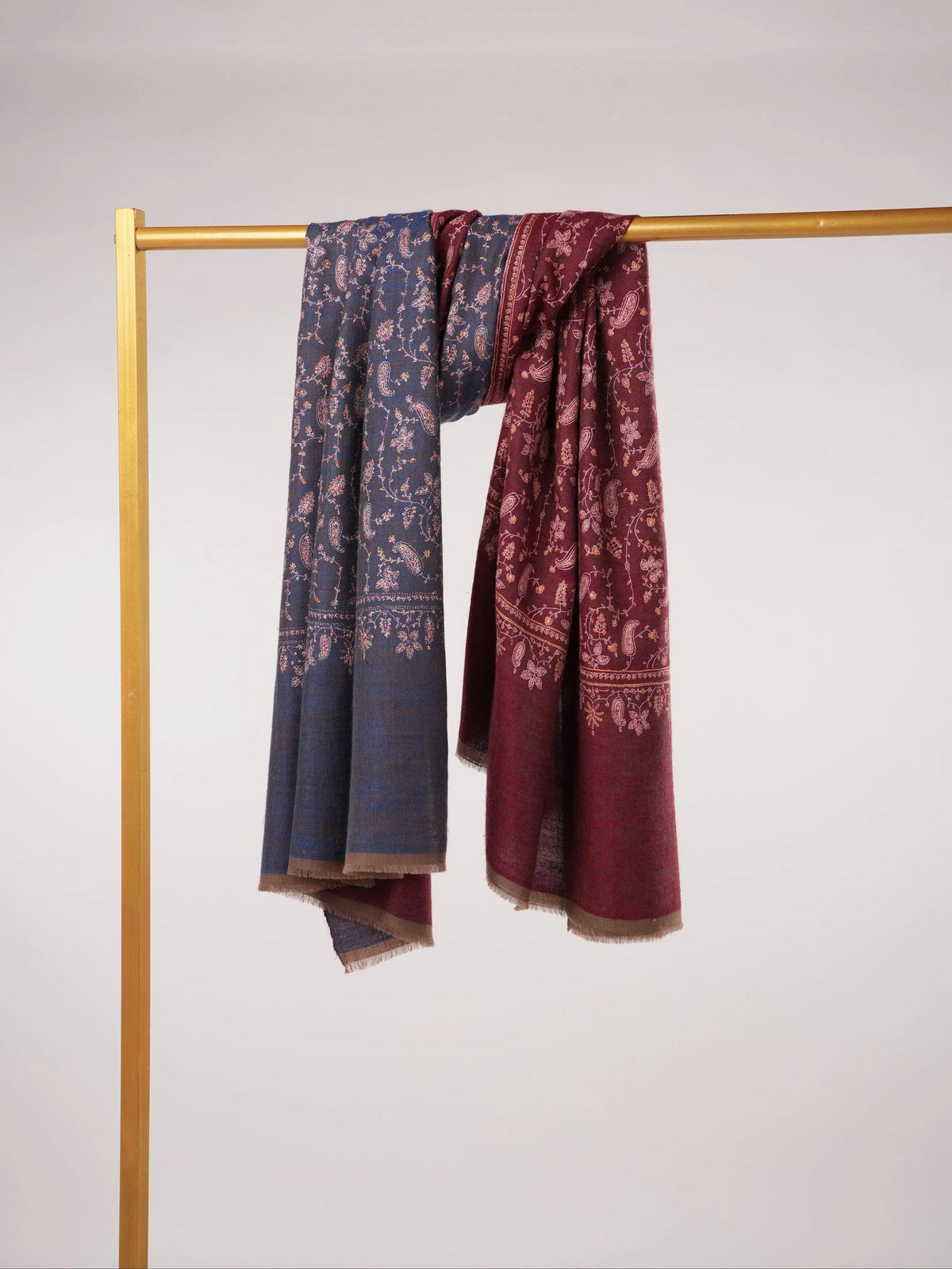 Double Shade Burgundy Blue Jali Hand Sozni Embroidered Handwoven Pashmina Shawl Shahkaar.com