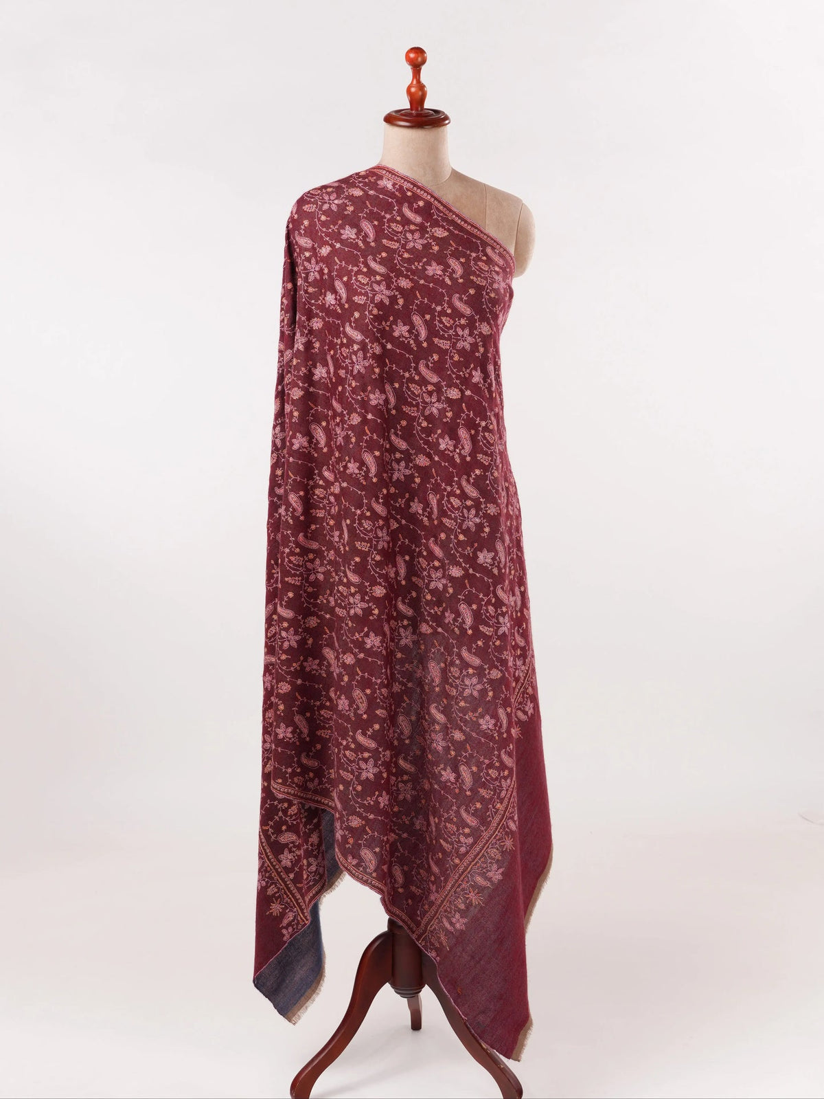 Double Shade Burgundy Blue Jali Hand Sozni Embroidered Handwoven Pashmina Shawl Shahkaar.com