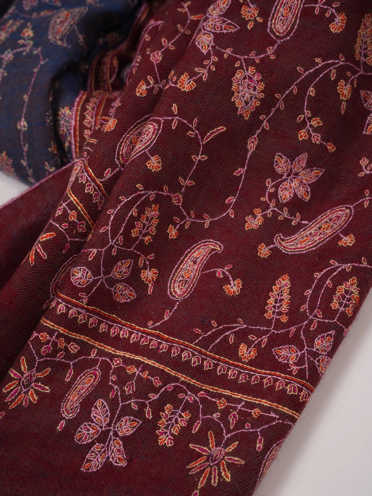 Double Shade Burgundy Blue Jali Hand Sozni Embroidered Handwoven Pashmina Shawl Shahkaar.com