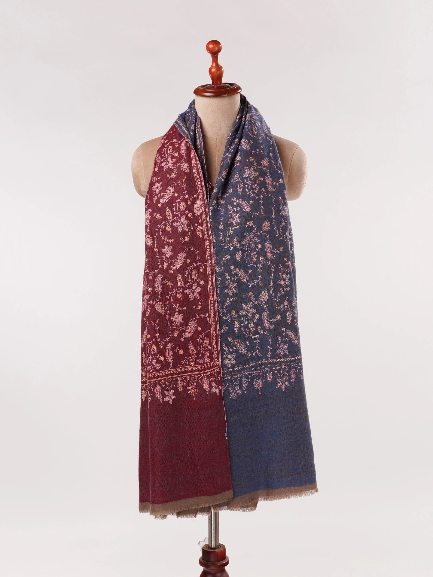 Double Shade Burgundy Blue Jali Hand Sozni Embroidered Handwoven Pashmina Shawl Shahkaar.com