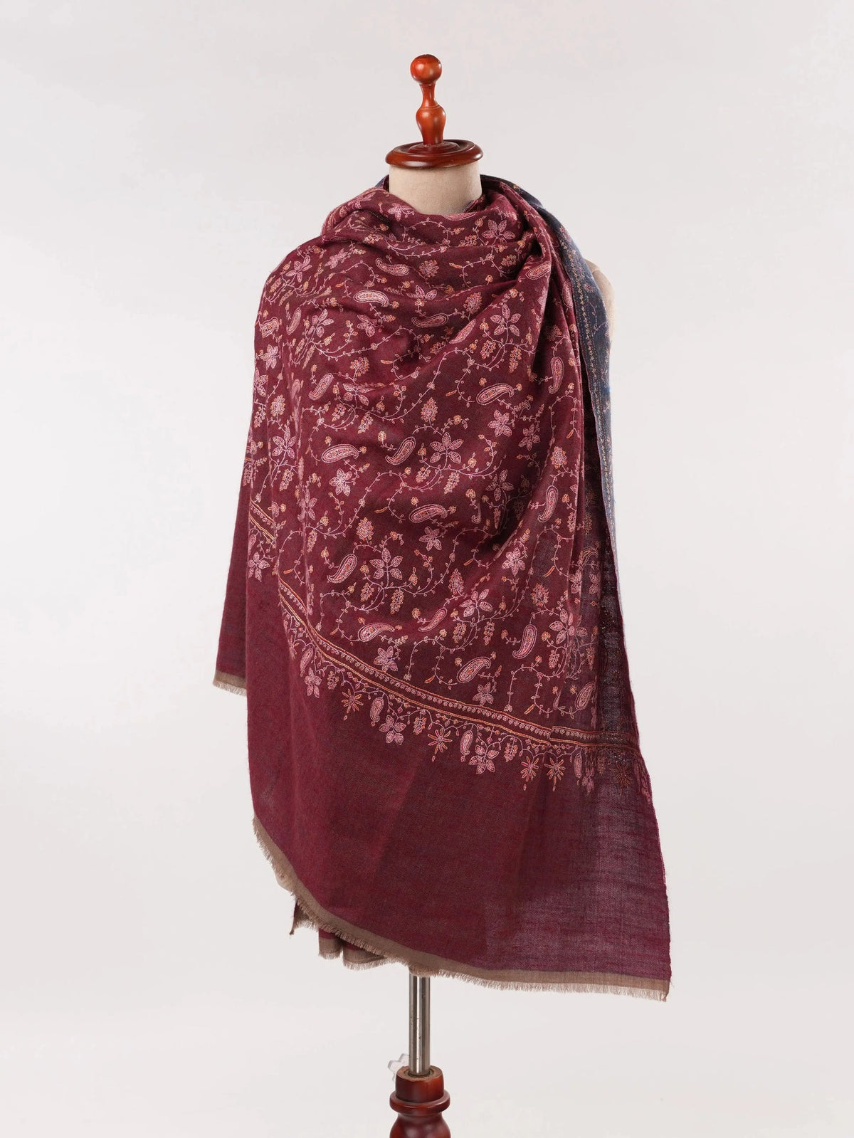 Double Shade Burgundy Blue Jali Hand Sozni Embroidered Handwoven Pashmina Shawl Shahkaar.com