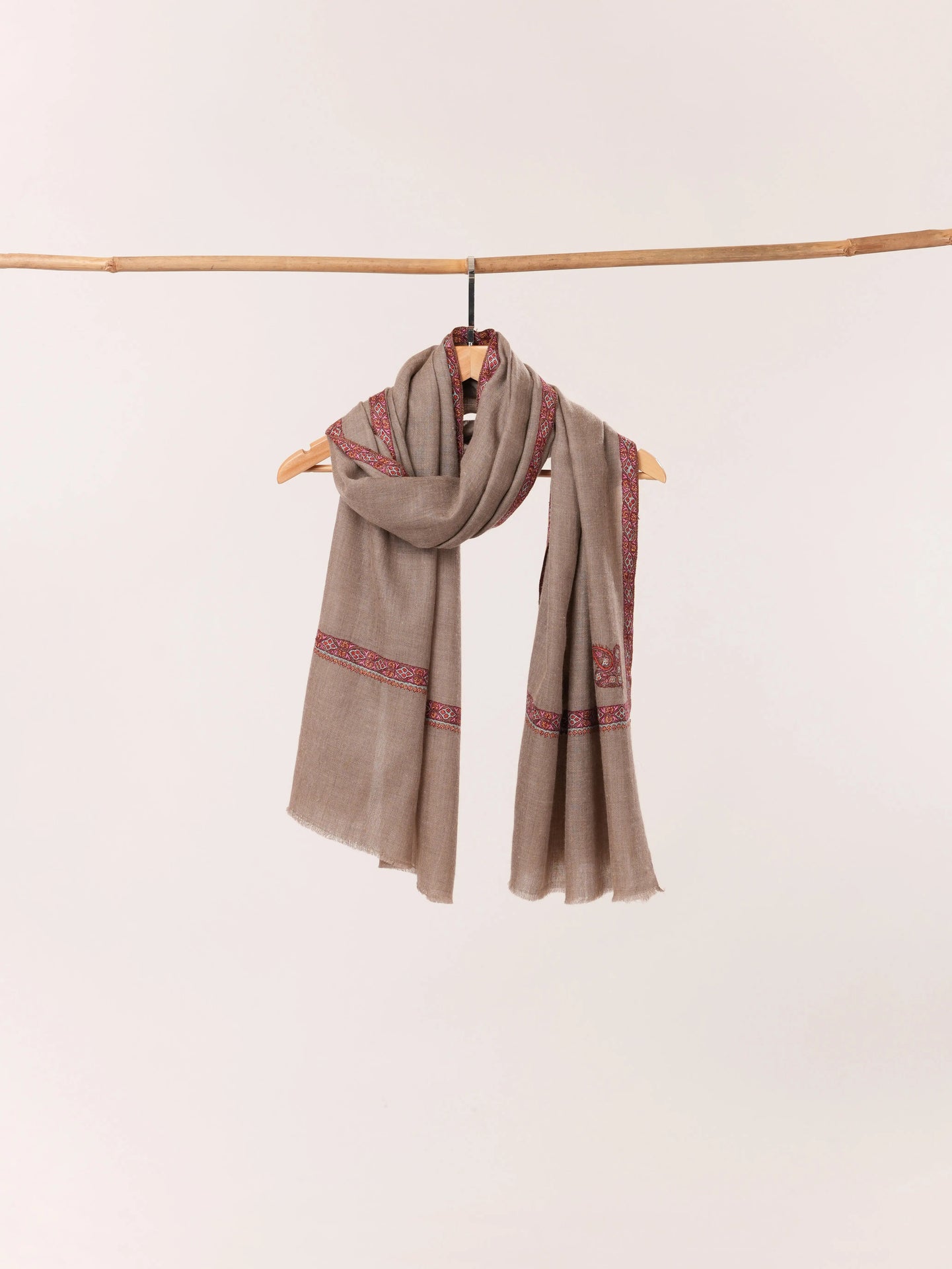 Natural Taupe Hashidar Scarf in Cashmere with Sozni Embroidery Shahkaar.com