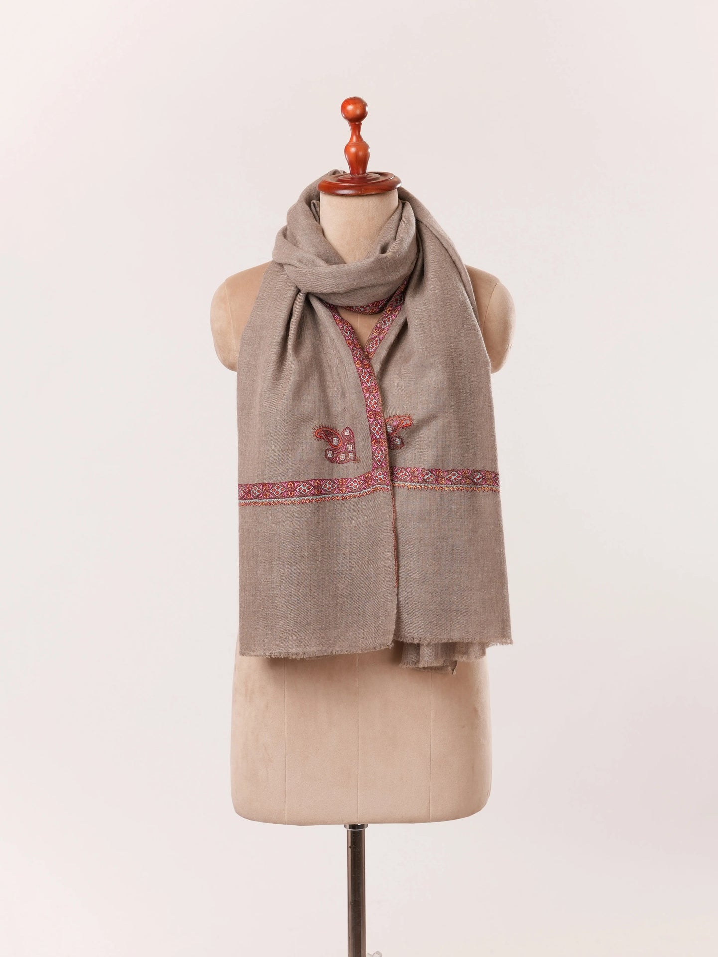 Natural Taupe Hashidar Scarf in Cashmere with Sozni Embroidery Shahkaar.com