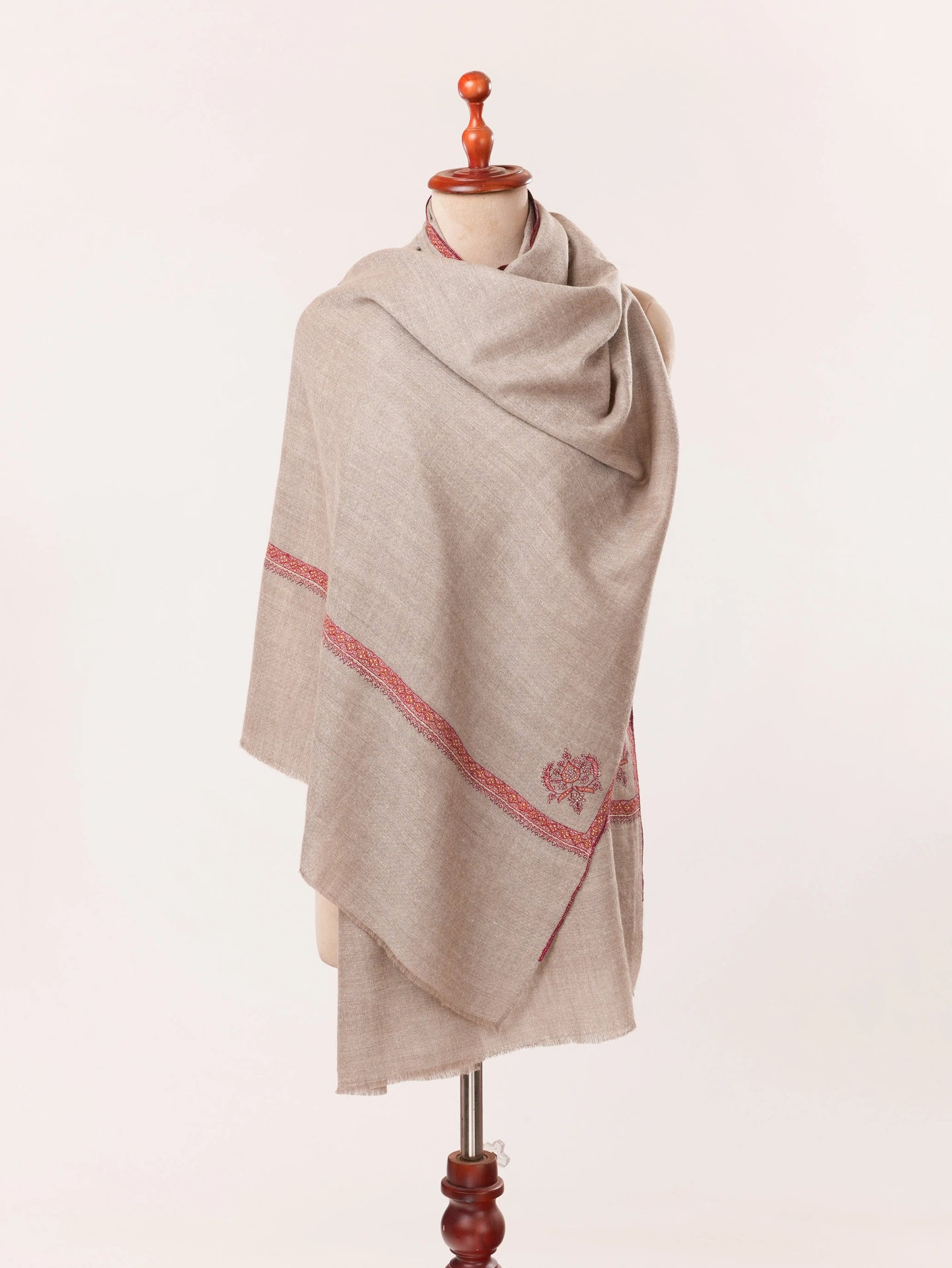 Natural Taupe Cashmere Scarf Featuring Hashia Hand Sozni Embroidery from Kashmiri Shahkaar.com