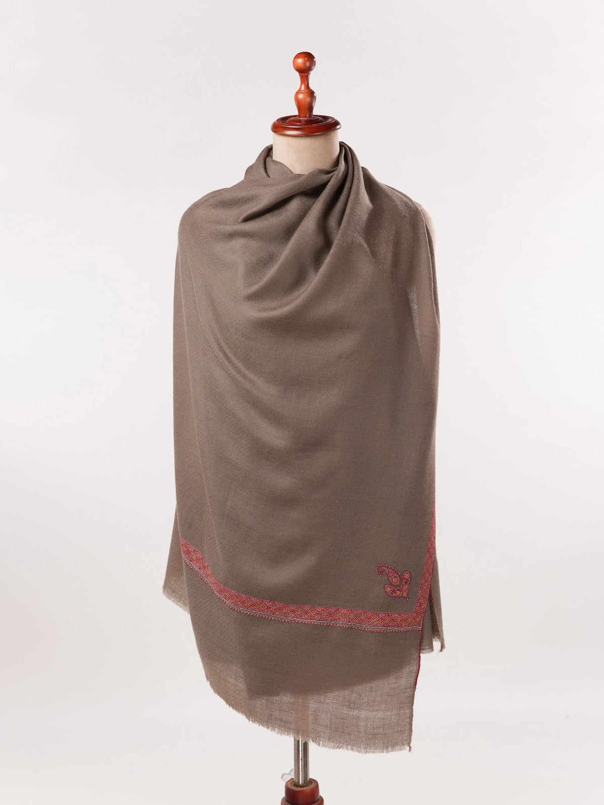 Handwoven Taupe Hashidar Sozni Embroidered Pure Cashmere Scarf