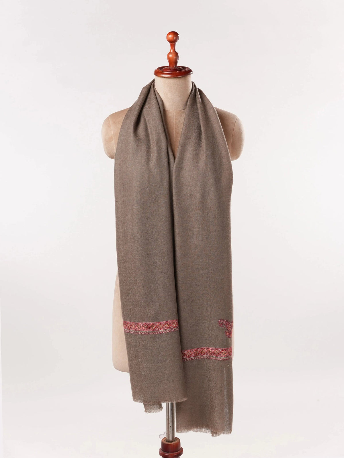 Handwoven Taupe Hashidar Sozni Embroidered Pure Cashmere Scarf