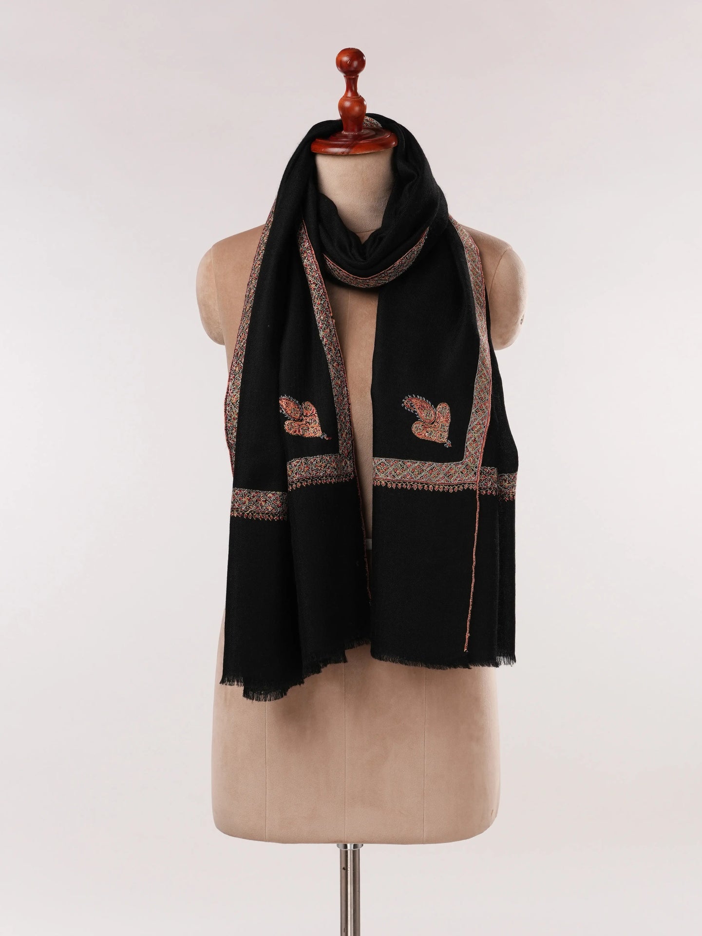 Black Handwoven Soft Cashmere Scarf with Kashmiri Hashia Sozni Embroidery Shahkaar.com