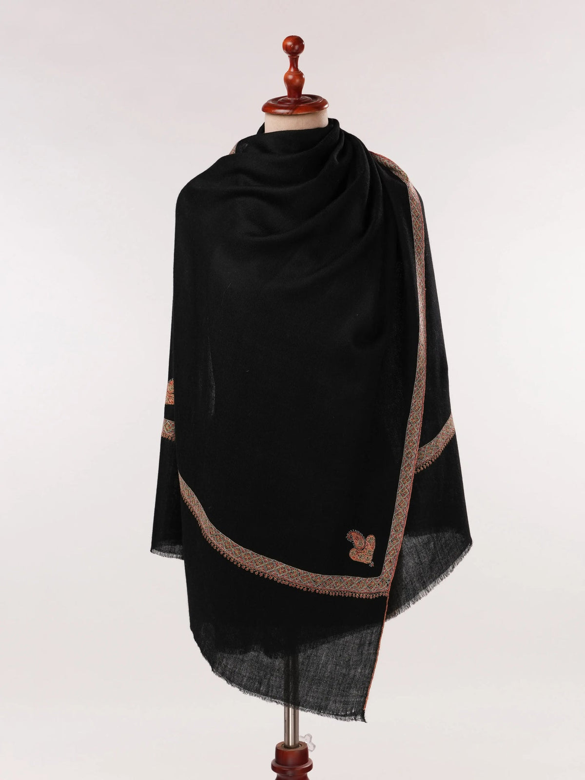 Black Handwoven Soft Cashmere Scarf with Kashmiri Hashia Sozni Embroidery Shahkaar.com