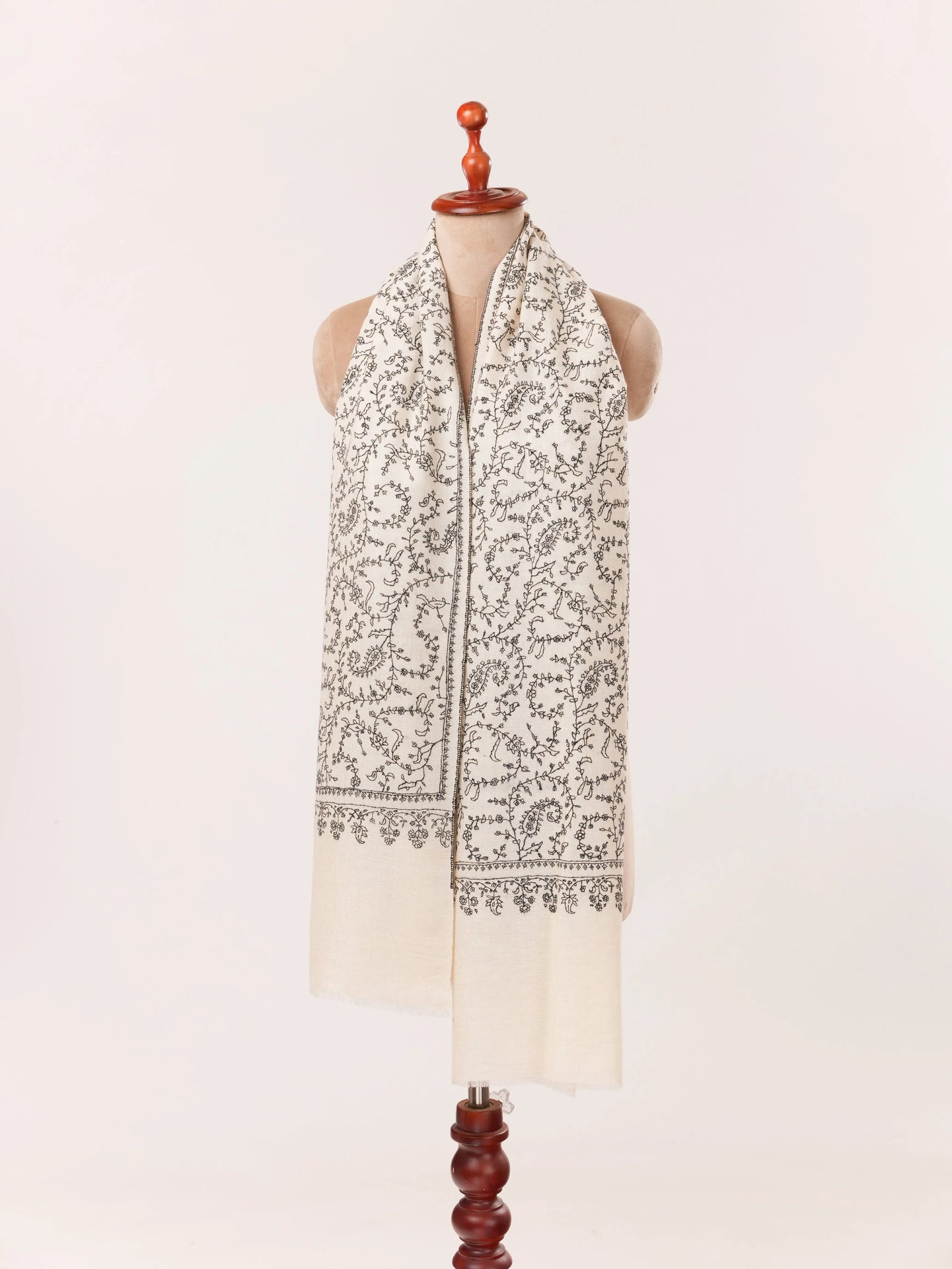 Natural White Cashmere Scarf Handwoven in Kashmir with Black Sozni Jali Embroidery Shahkaar.com