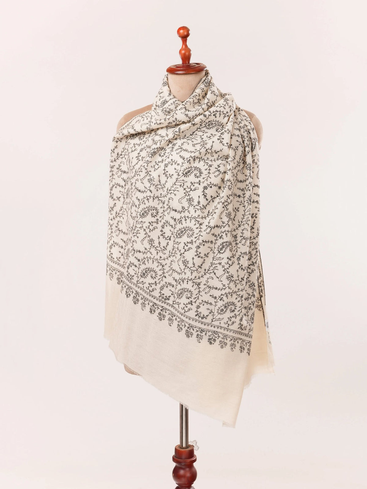 Natural White Cashmere Scarf Handwoven in Kashmir with Black Sozni Jali Embroidery Shahkaar.com