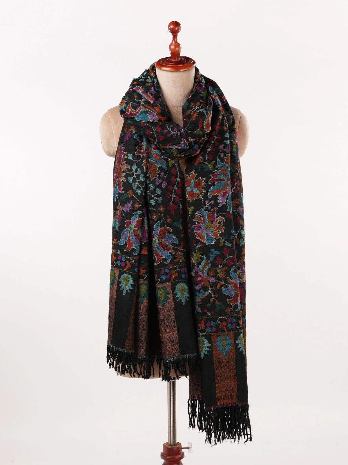 Kashmiri Black Kani Handwoven Authentic Long Pashmina Shawl