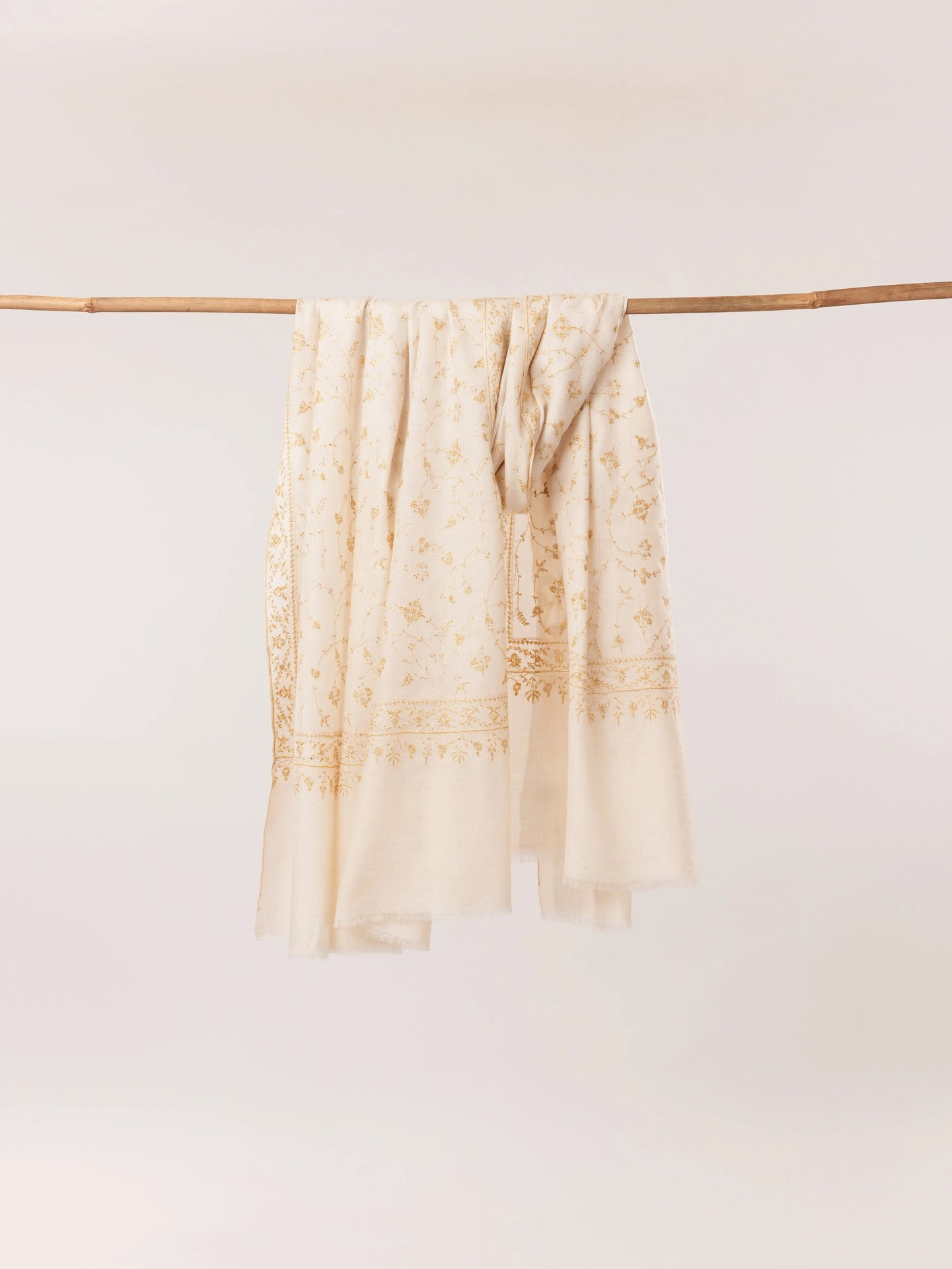 Natural White Kashmiri Handwoven Pashmina Shawl with Jali Hand Sozni Embroidery Shahkaar.com