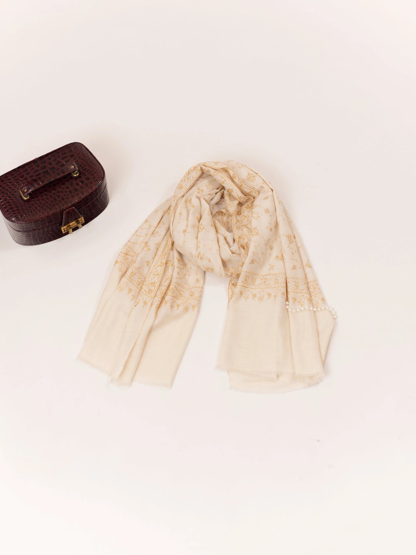 Natural White Kashmiri Handwoven Pashmina Shawl with Jali Hand Sozni Embroidery Shahkaar.com