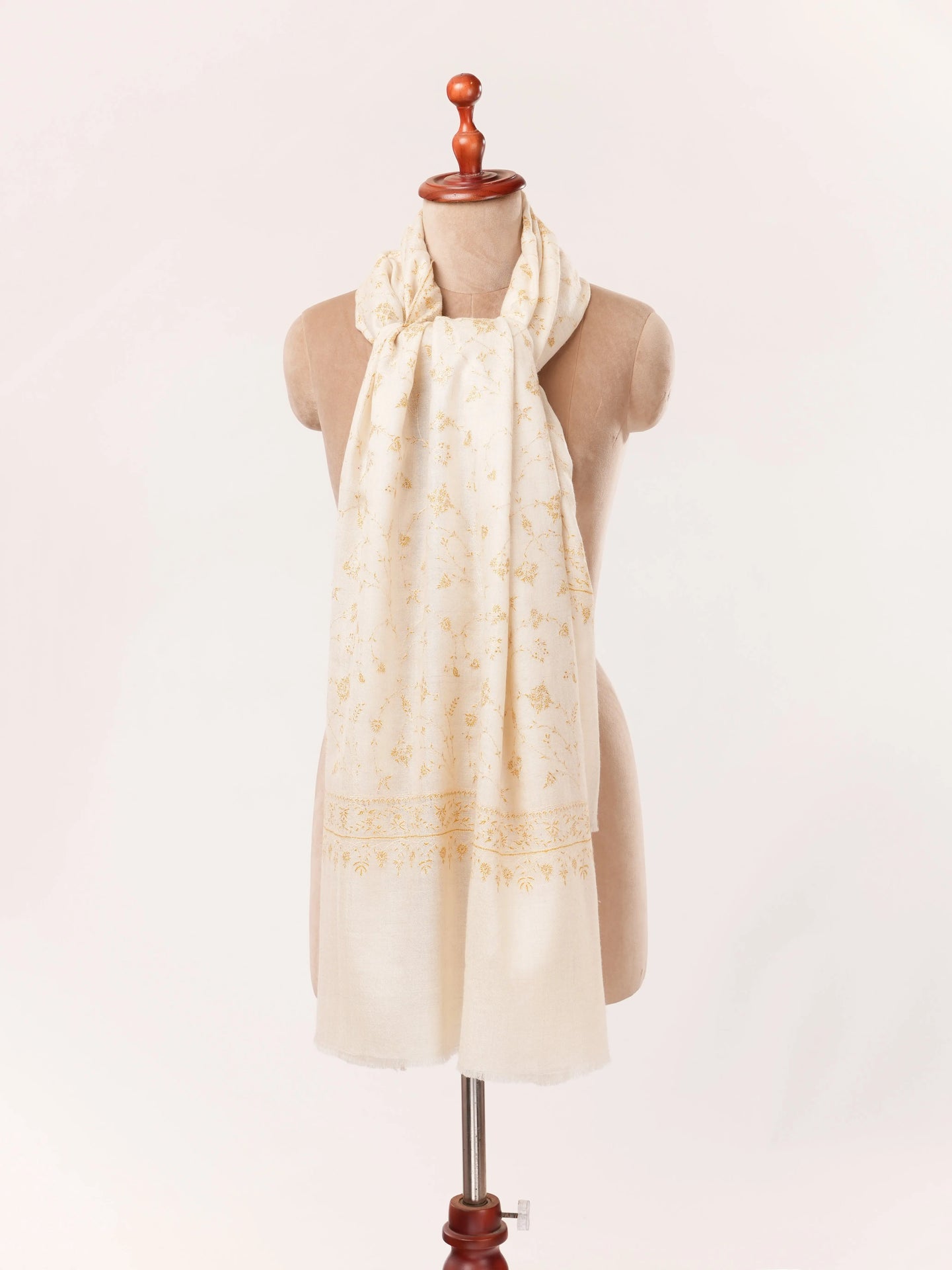 Natural White Kashmiri Handwoven Pashmina Shawl with Jali Hand Sozni Embroidery Shahkaar.com
