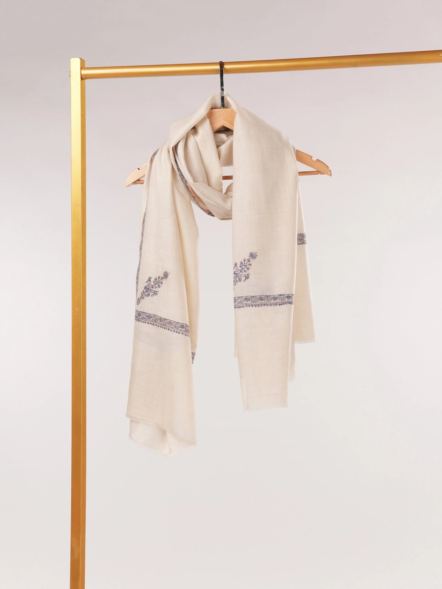 Natural White Pashmina Shawl with Baildar Hand Embroidery Shahkaar.com