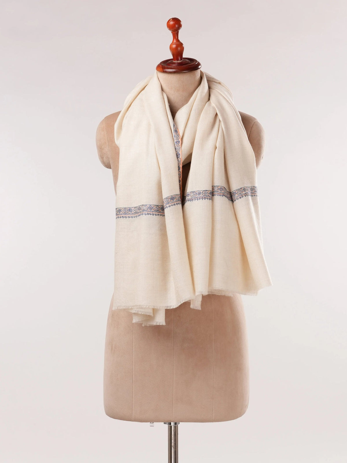 Natural White Pashmina Shawl with Baildar Hand Embroidery Shahkaar.com