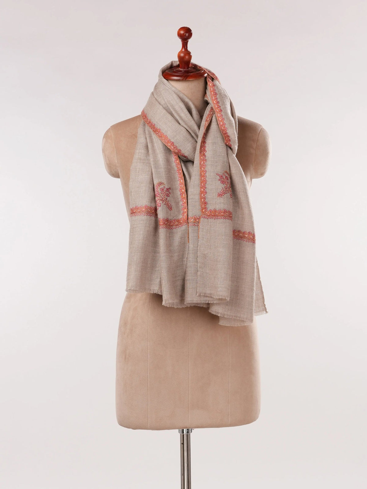 Natural Taupe Handwoven Original Cashmere Scarf with Hashia Sozni Embroidery Shahkaar.com