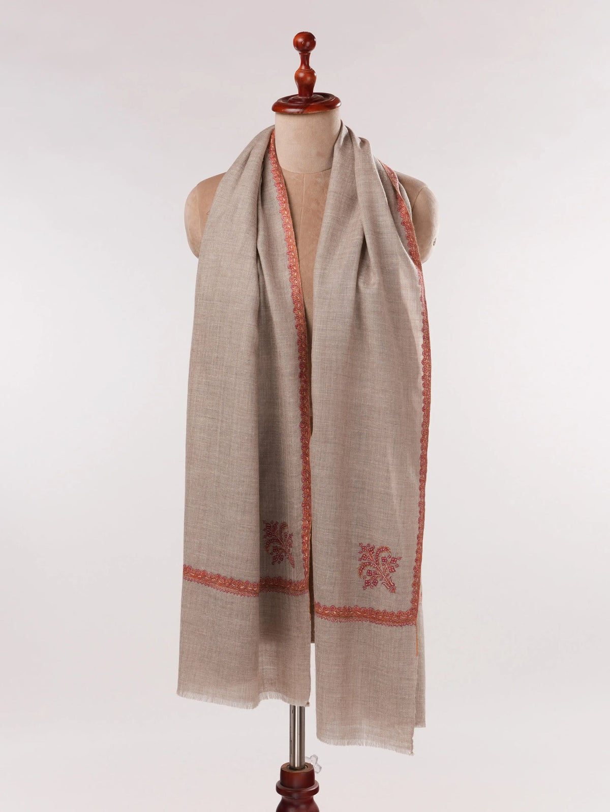 Natural Taupe Handwoven Original Cashmere Scarf with Hashia Sozni Embroidery Shahkaar.com
