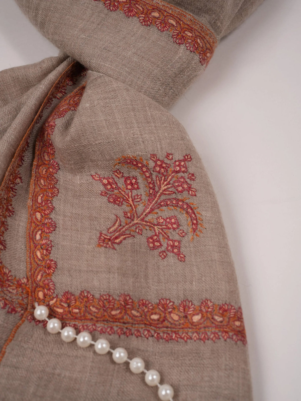 Natural Taupe Handwoven Original Cashmere Scarf with Hashia Sozni Embroidery Shahkaar.com