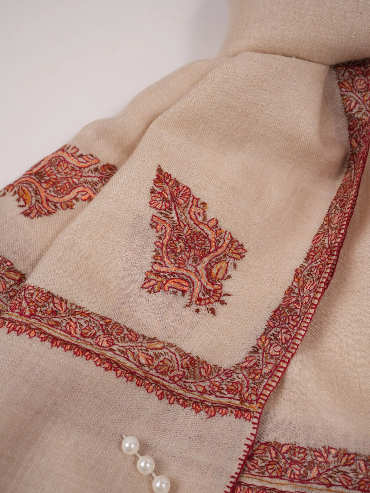 Natural White Cashmere Scarf with Hashia Classic Embroidery Shahkaar.com