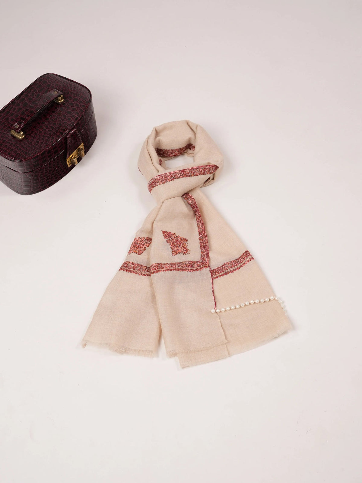 Natural White Cashmere Scarf with Hashia Classic Embroidery Shahkaar.com