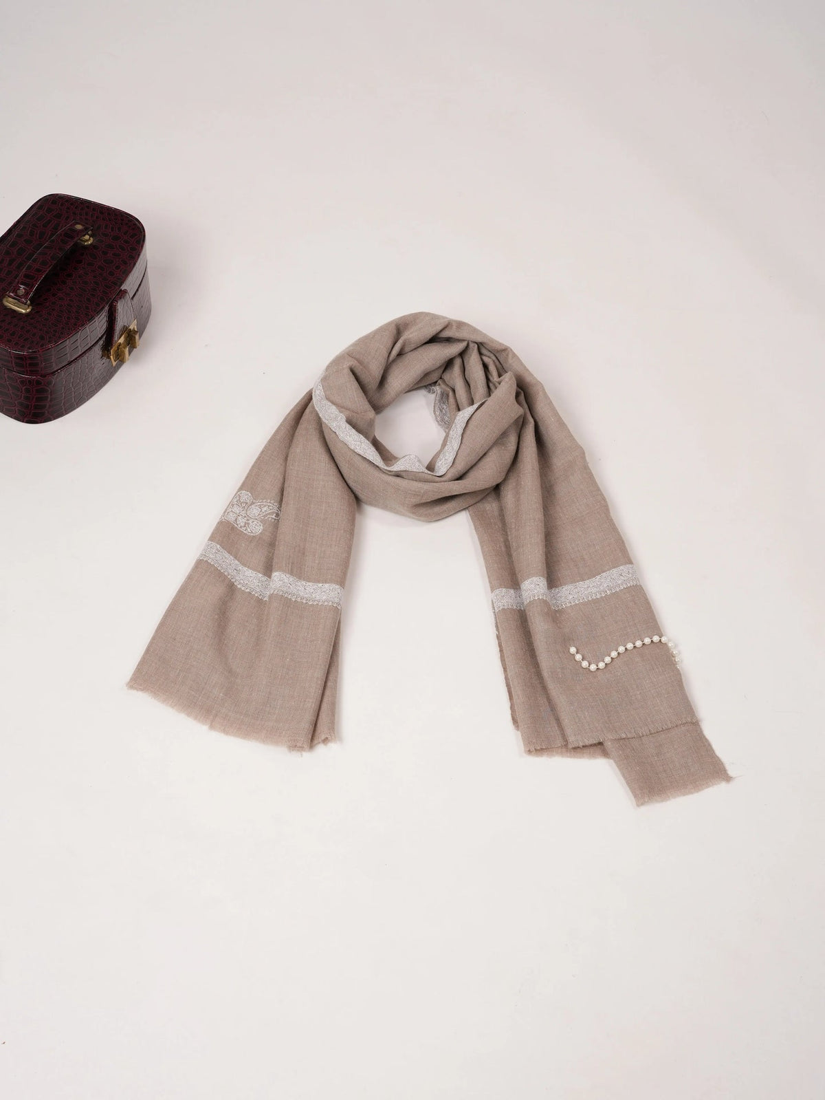 Natural Beige Pashmina Shawl with Hand Sozni Hashidar Embroidery