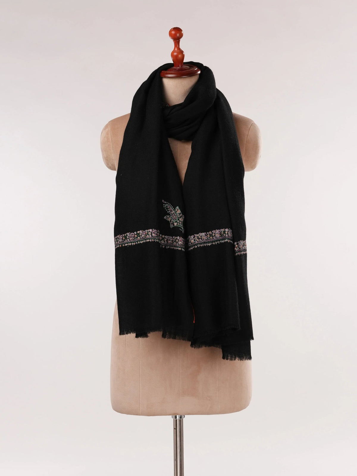Black Handwoven Pure Pashmina Shawl with Hashidar Sozni Embroidery Shahkaar.com