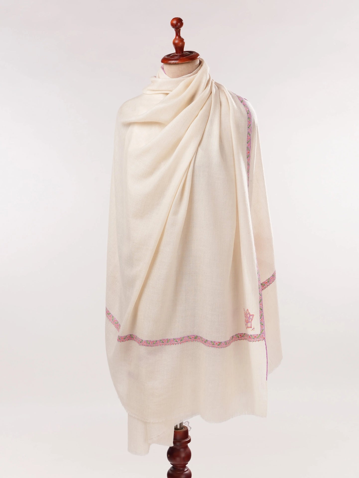 Natural White Pashmina Shawl with Baildar Fine Embroidery Shahkaar.com