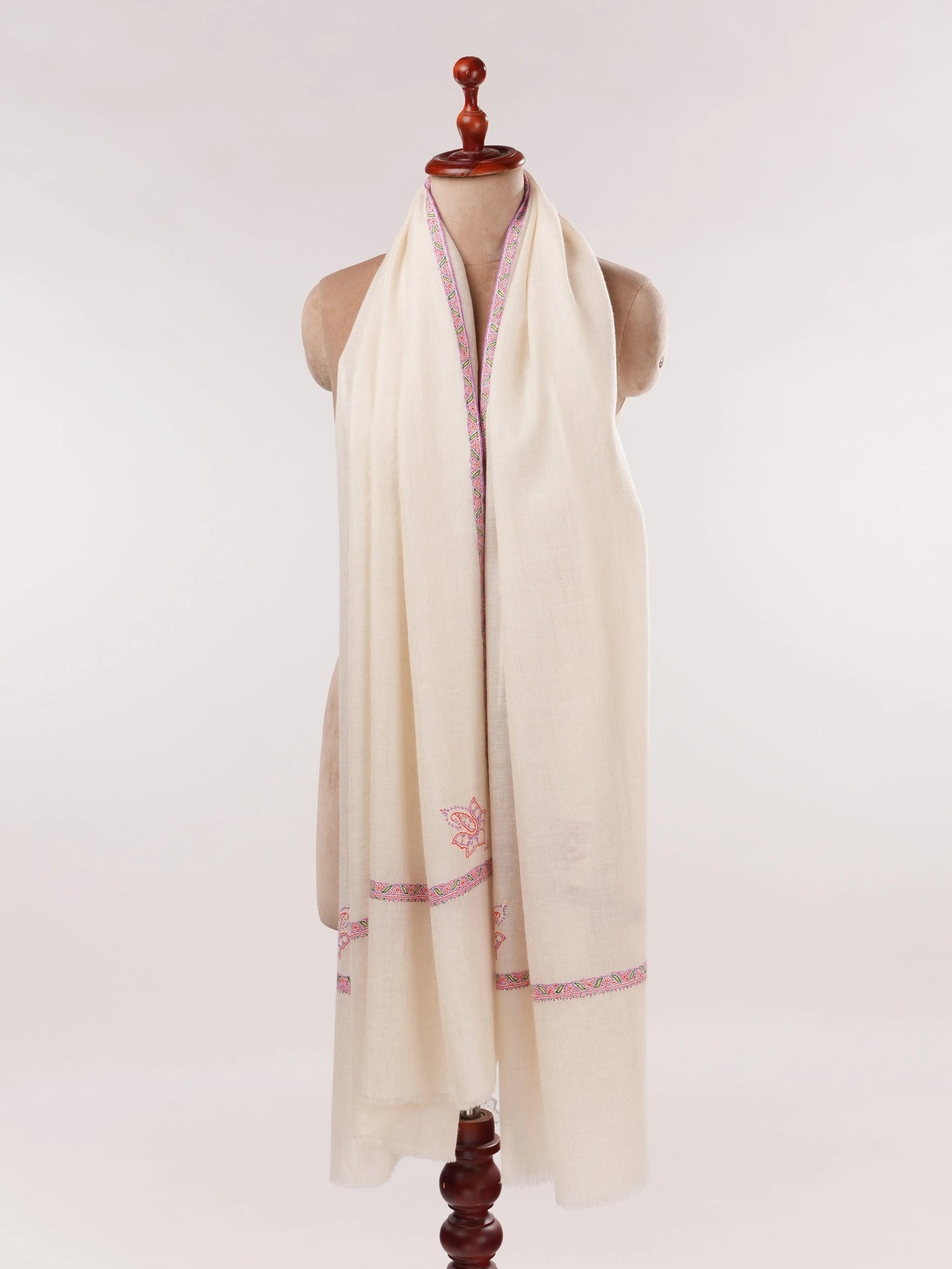 Natural White Pashmina Shawl with Baildar Fine Embroidery Shahkaar.com
