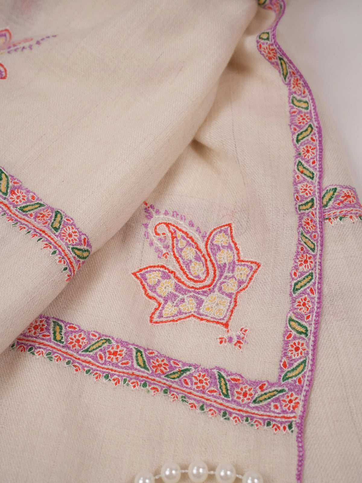 Natural White Pashmina Shawl with Baildar Fine Embroidery Shahkaar.com