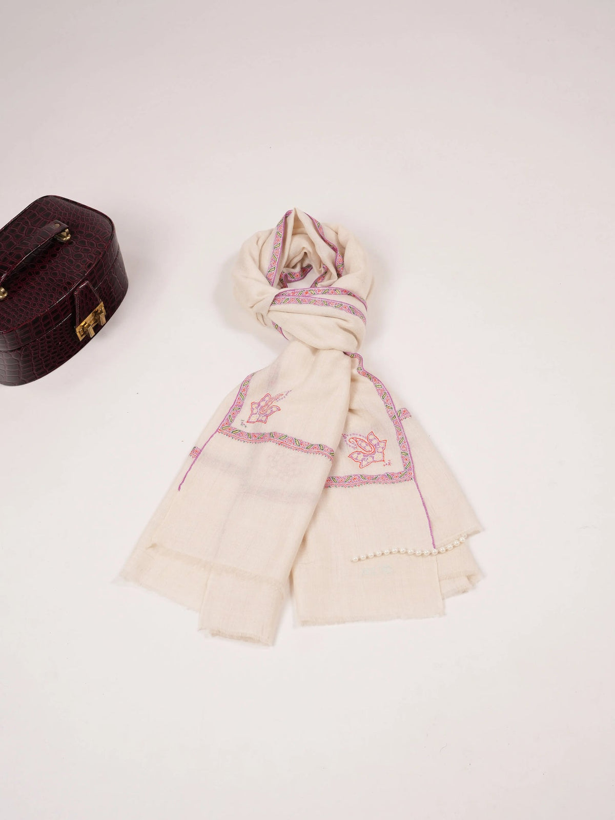 Natural White Pashmina Shawl with Baildar Fine Embroidery Shahkaar.com