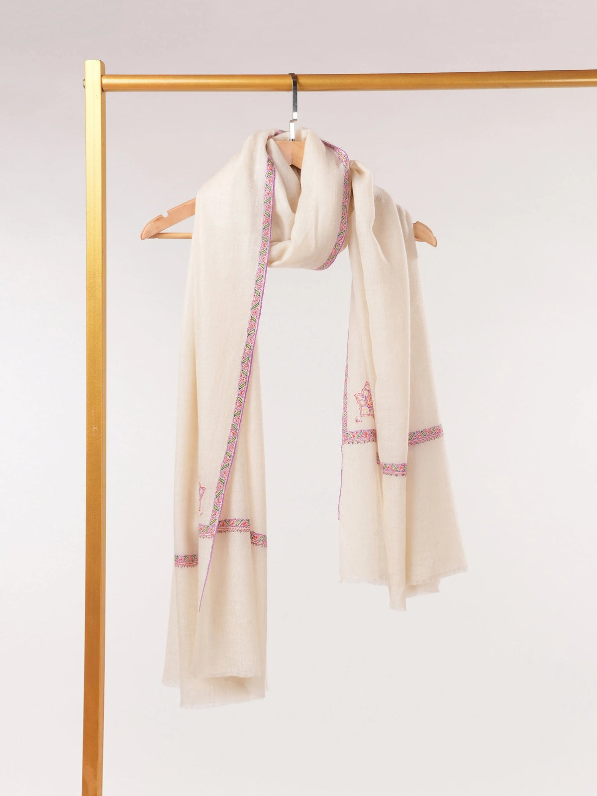 Natural White Pashmina Shawl with Baildar Fine Embroidery Shahkaar.com