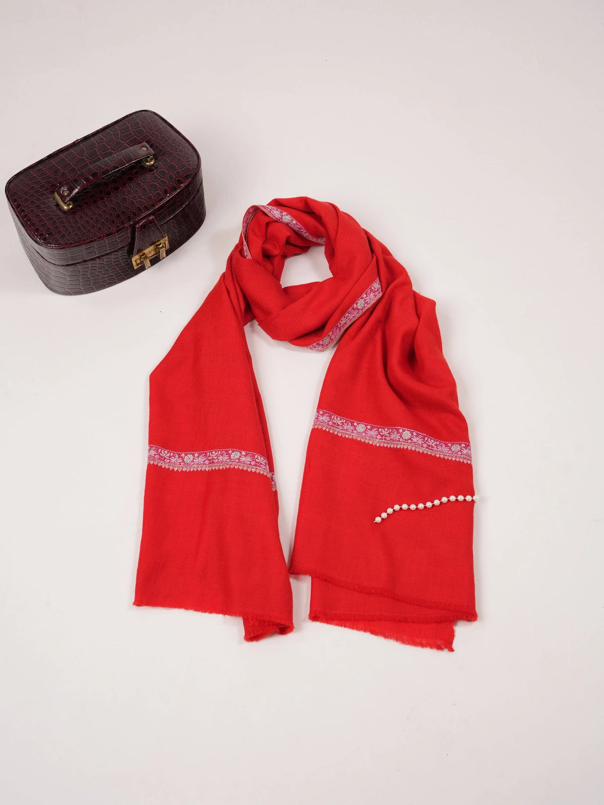 Red Handwoven Authentic Pashmina Shawl with Hashia Hand Sozni Embroidery Shahkaar.com