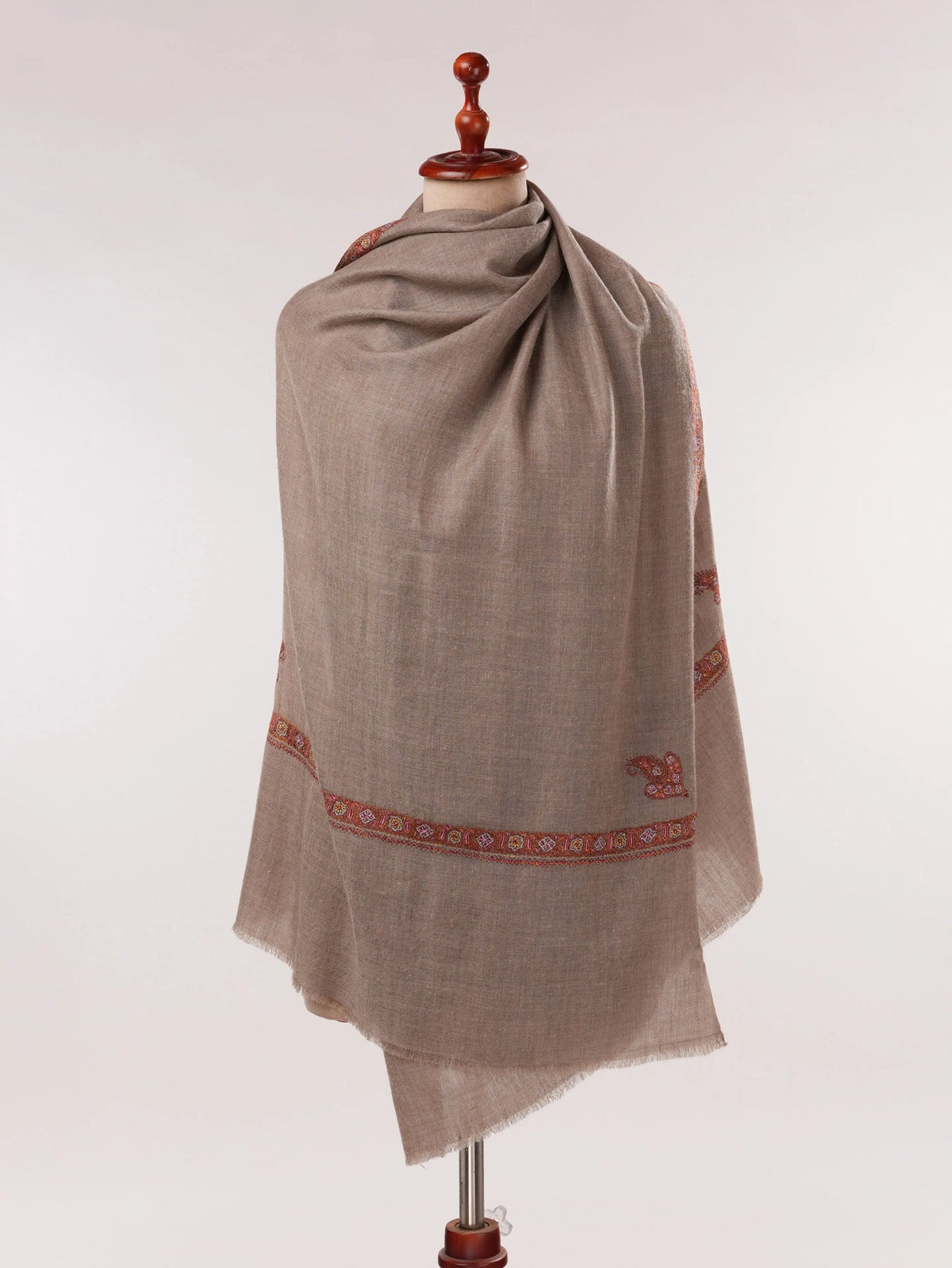 Beige Handwoven Original Cashmere Scarf with Kashmiri Hashidar Hand Embroidery Shahkaar.com