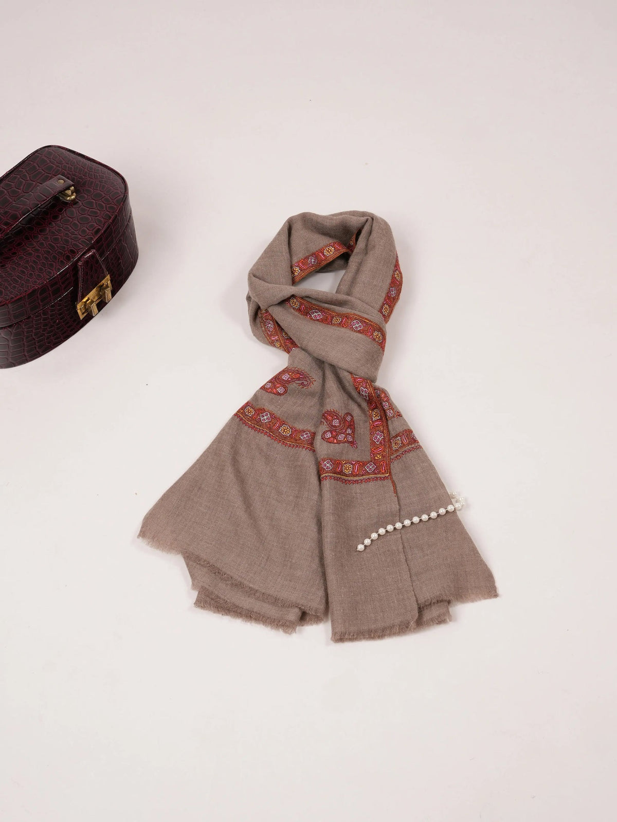 Beige Handwoven Original Cashmere Scarf with Kashmiri Hashidar Hand Embroidery Shahkaar.com